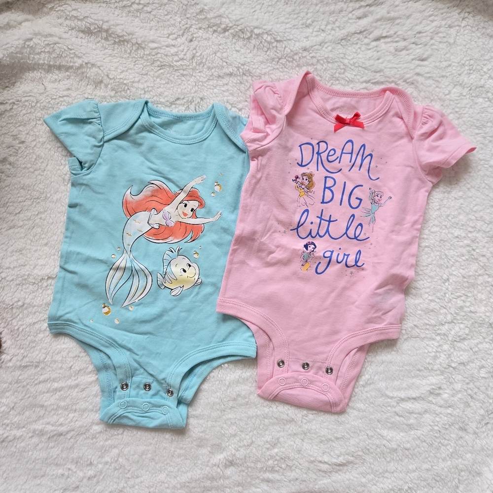 Set of 2 Disney Princess Ariel Cinderella Aurora Snow White Baby Girls Bodysuits